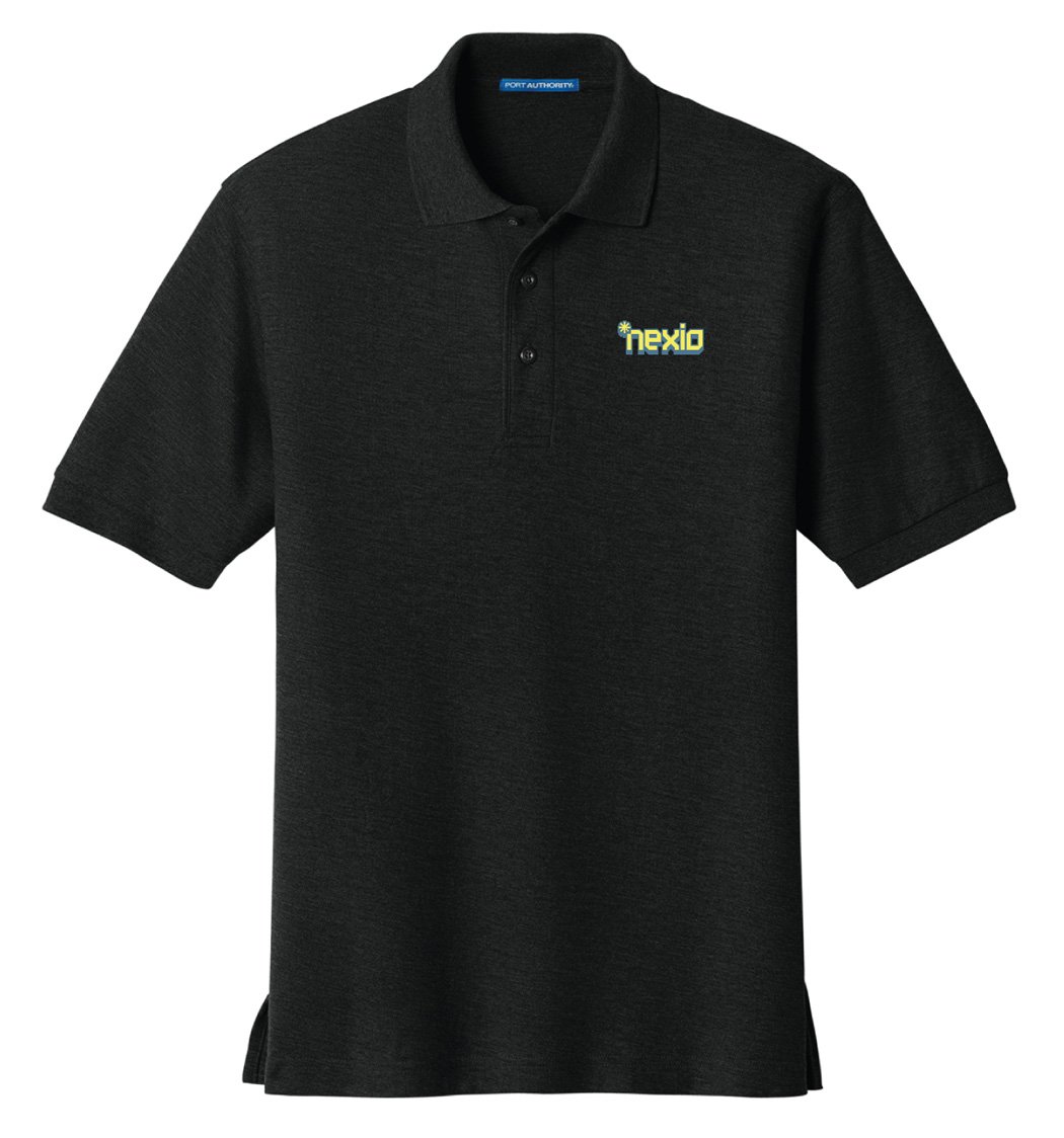 Black Nexio polo shirt with a green and yellow Nexio wordmark on the chest